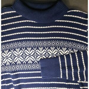 L.L. Bean Men's Cotton Cashmere Sweater XL Blue White Fair Isle Stripe Crewneck
